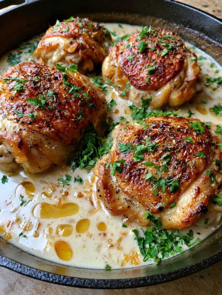 Close up of seared chicken skin with visible black pepper specks in a bubbling garlic cream sauce. (Creamy Garlic Chicken Thighs)