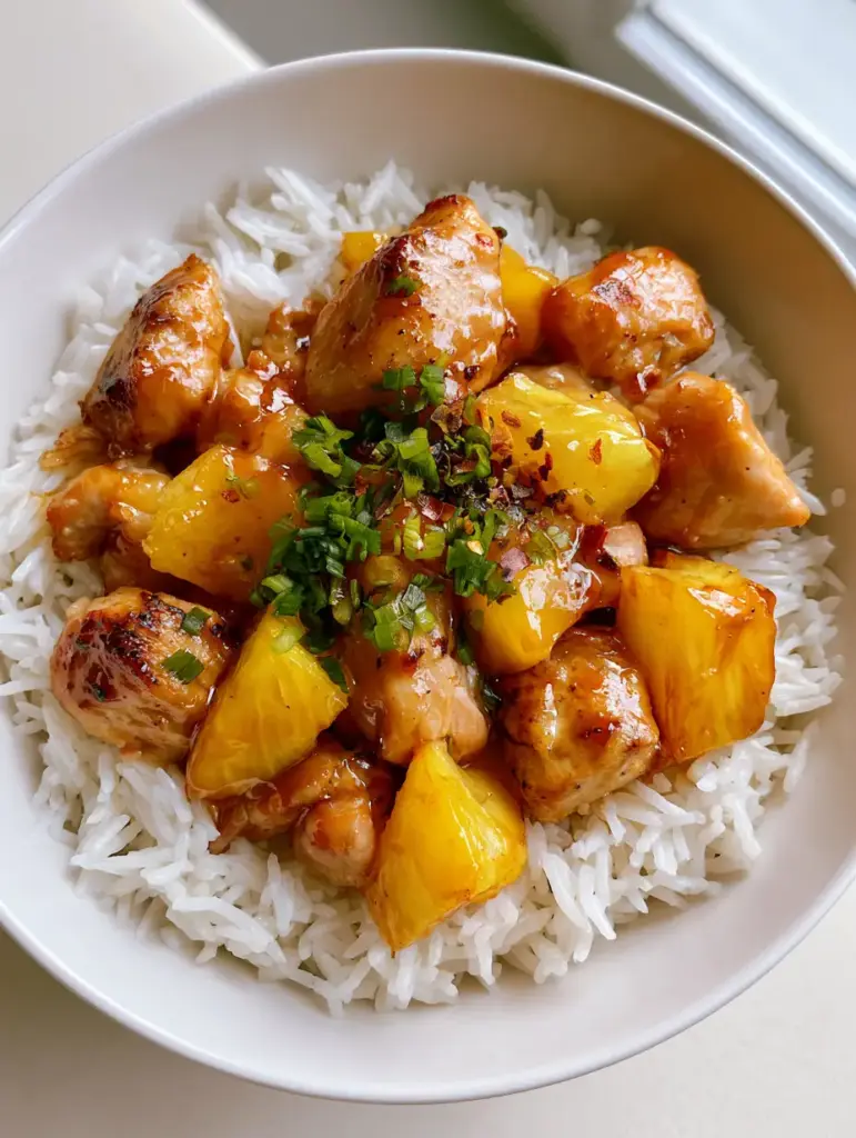 A white shallow bowl filled with fluffy steamed rice and topped with glazed chicken, caramelized pineapple, scallions, and red pepper flakes.
