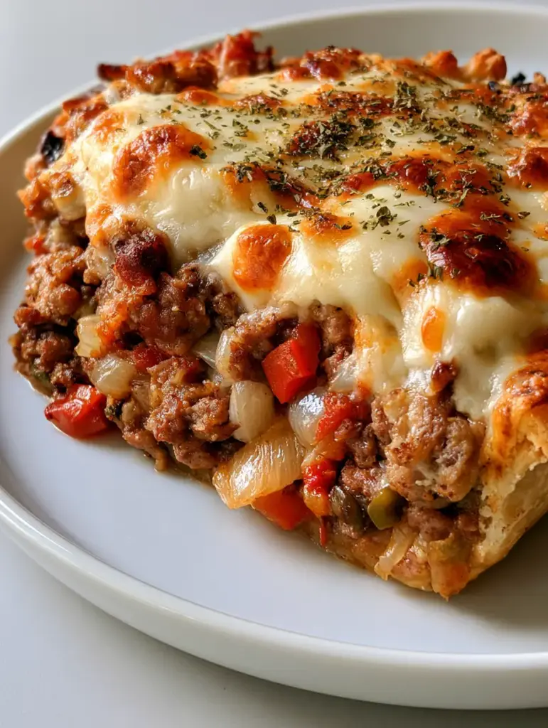 Italian Beef and Sausage Pie with Golden Pastry and Toasted Cheese 1 A handheld photo of a thick slice of Italian Beef and Sausage Pie, showcasing the dense meat filling and golden-brown pastry crust.