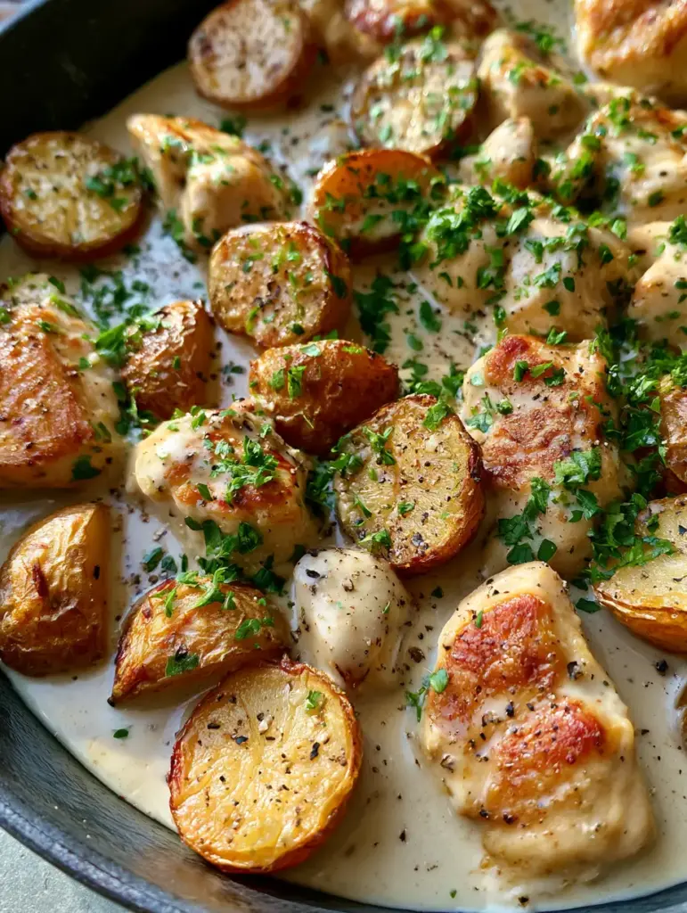A detailed shot of the Garlic Parmesan Chicken and Potatoes skillet with creamy sauce pooling between ingredients and a fresh parsley garnish.