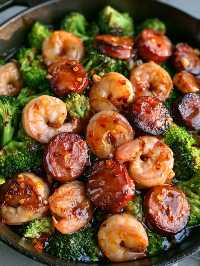 A vibrant cast iron skillet filled with Honey Garlic Shrimp and Sausage and bright green broccoli florets.