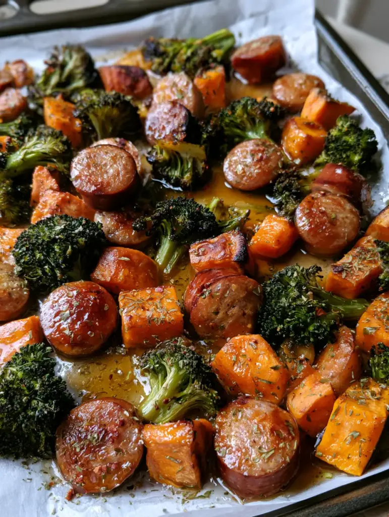 Honey Garlic Sausage Sheet Pan Dinner: The Ultimate 30-Minute Meal 1 Close up of glossy amber honey garlic glaze pooling on white parchment paper alongside browned Italian sausage and roasted sweet potatoes.