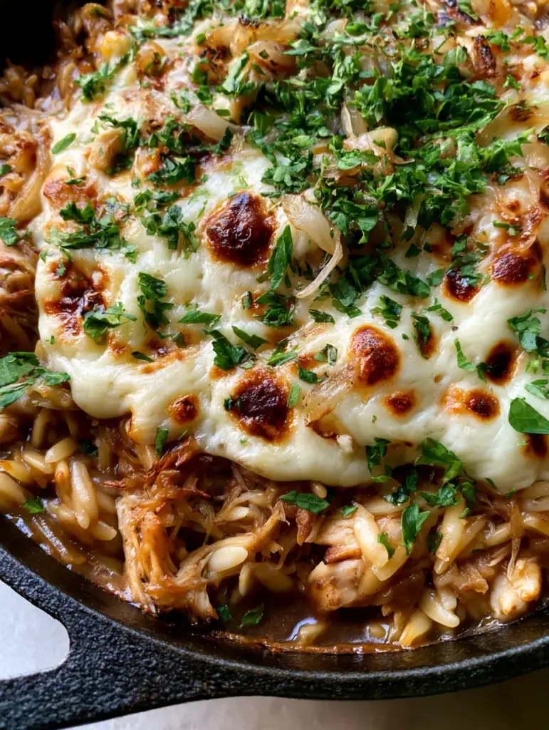 French Onion Chicken Orzo Casserole with Bubbly Gruyere 1 Close up of golden-brown cheese blisters and chopped parsley on top of French Onion Chicken Orzo Casserole.