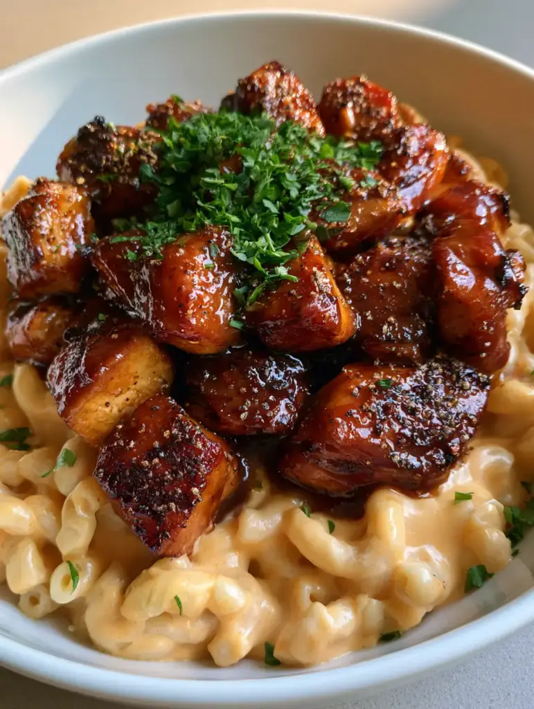 Honey Pepper Chicken Mac and Cheese: The Ultimate Comfort Food 1 Close up view of the dark reddish-brown honey pepper glaze on seared chicken breast chunks over macaroni.