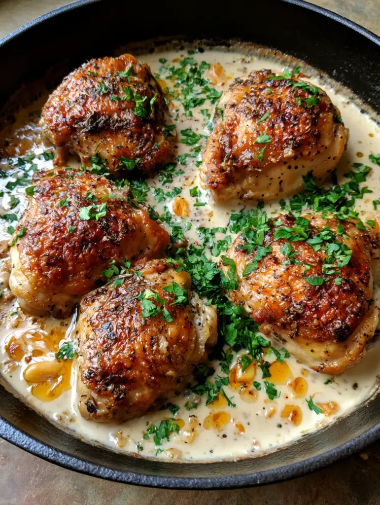 Overhead view of Creamy Garlic Chicken Thighs in a cast iron skillet with golden chicken fat droplets in the sauce.