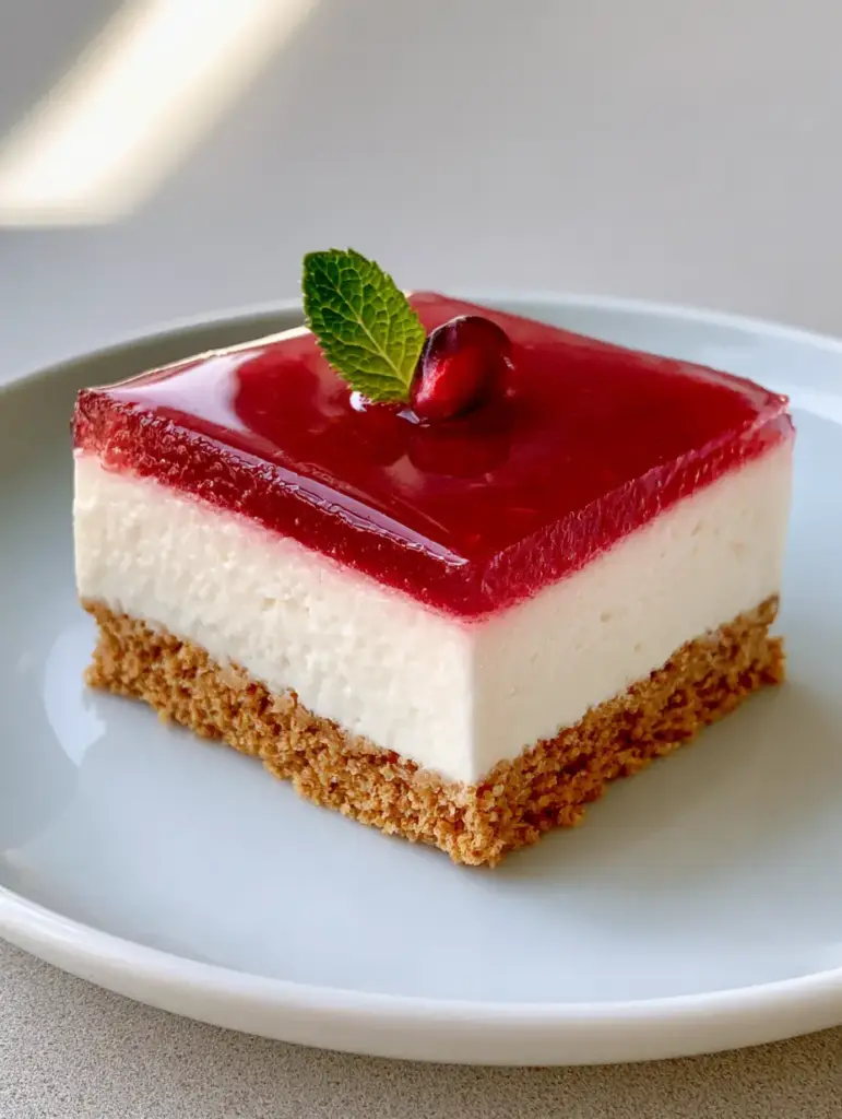 Angled view of a square No-Bake Christmas Cheesecake Bite with a holly sprig garnish made of mint and pomegranate.
