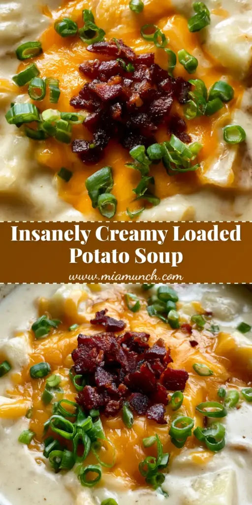 A close-up vertical shot of Loaded Potato Soup in a ceramic bowl with melted cheddar, crispy bacon, and green onions.