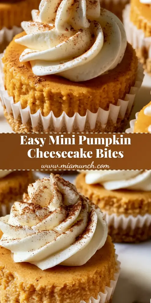 A top-down and side view of Mini Pumpkin Cheesecake Bites in white liners with whipped cream swirls and cinnamon dusting.