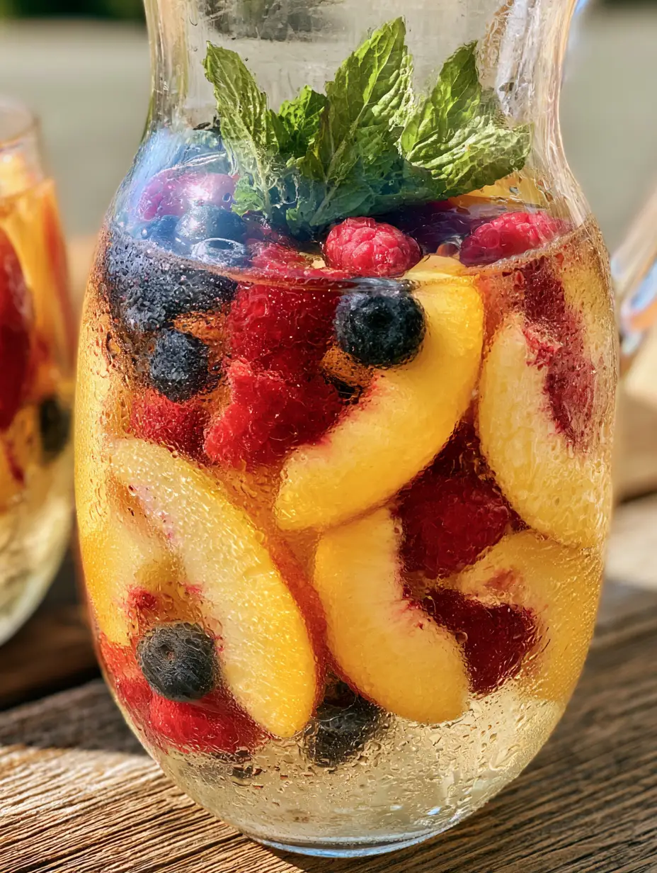 Peach Moscato Sangria: The Ultimate Refreshing Summer Cocktail 3 Close up of stemless wine glasses filled with Peach Moscato Sangria, featuring visible peach crescents and mint garnish with condensation.