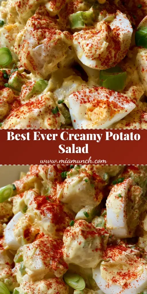 A close-up vertical shot of a white ceramic bowl filled with chunky Creamy Potato Salad Recipe topped with paprika and chives.