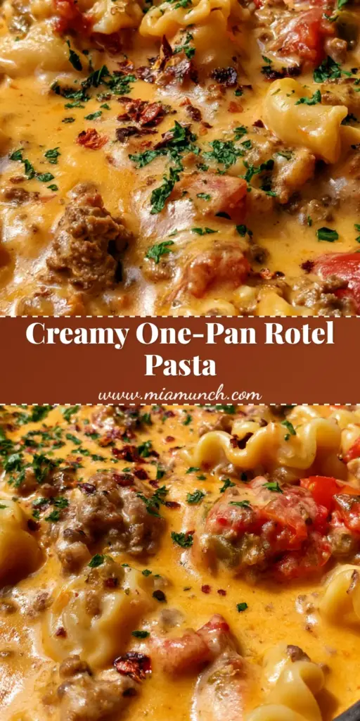 A close-up shot of Creamy Rotel Pasta with Ground Beef featuring ruffled campanelle pasta in a glossy orange cheese sauce, garnished with parsley and red pepper flakes in a dark skillet.