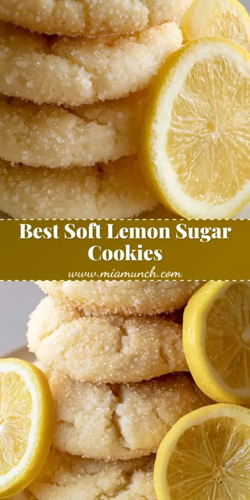 Soft Lemon Sugar Cookies: Thick, Pillowy, and Sparkling with Citrus 4 A stack of Soft Lemon Sugar Cookies with cracked tops and coarse sugar coating on a white plate with lemon slices.