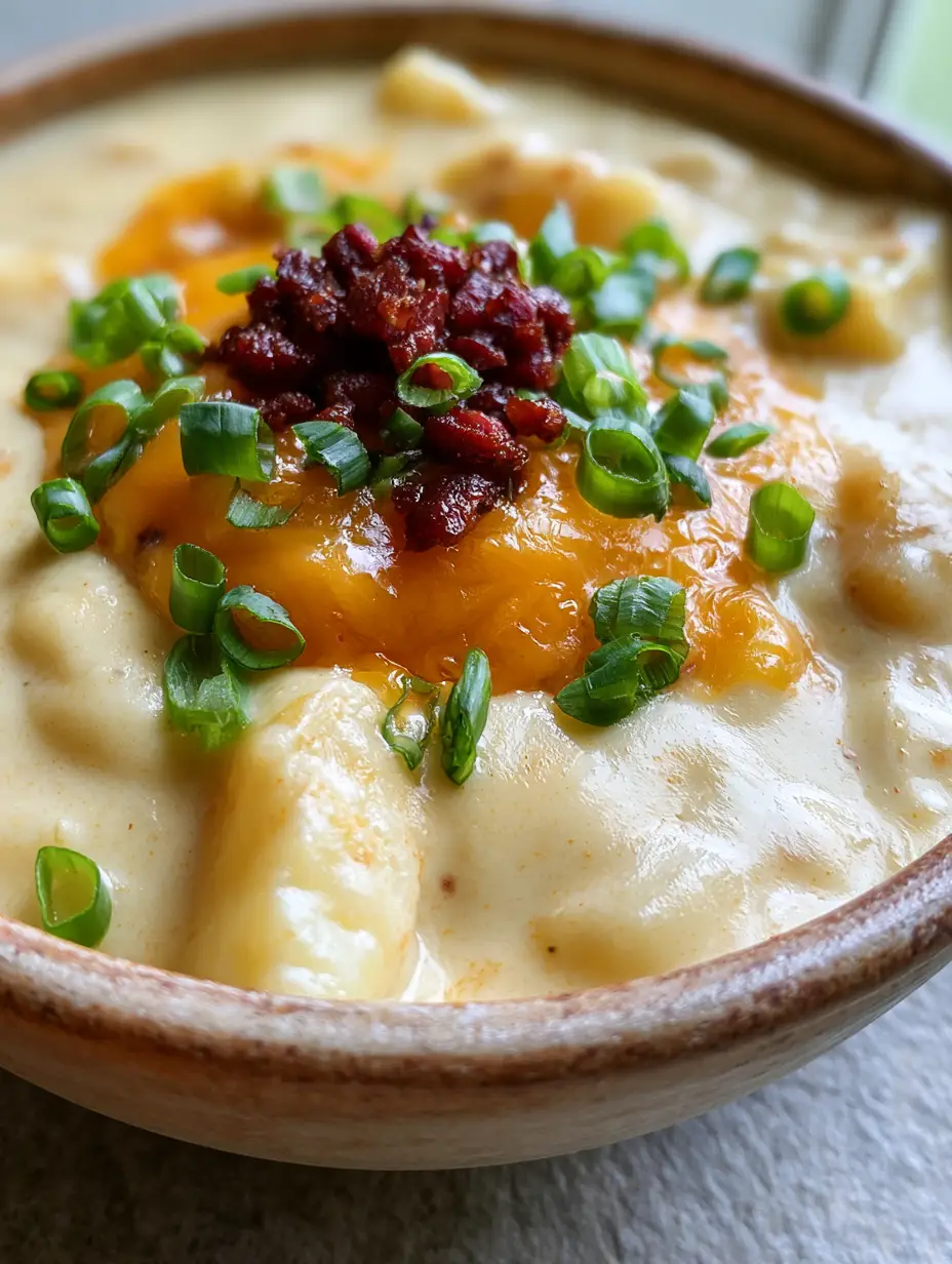 Close-up of velvety white Loaded Potato Soup showing tender boiled potato chunks and melted orange cheddar.