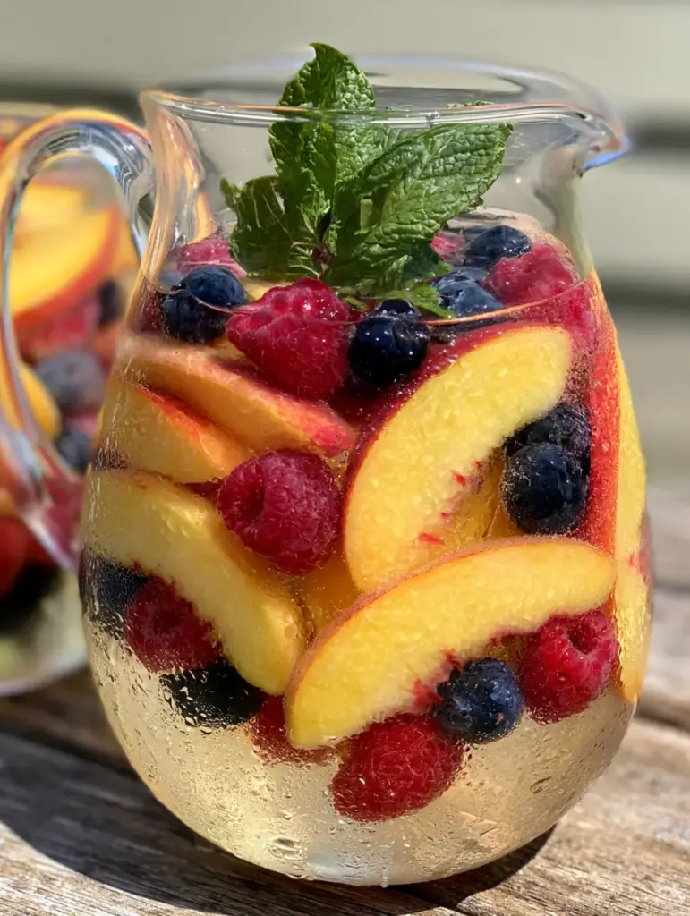 Peach Moscato Sangria: The Ultimate Refreshing Summer Cocktail 1 Wide shot of a clear pitcher of Peach Moscato Sangria on a rustic wooden surface in soft natural daylight.