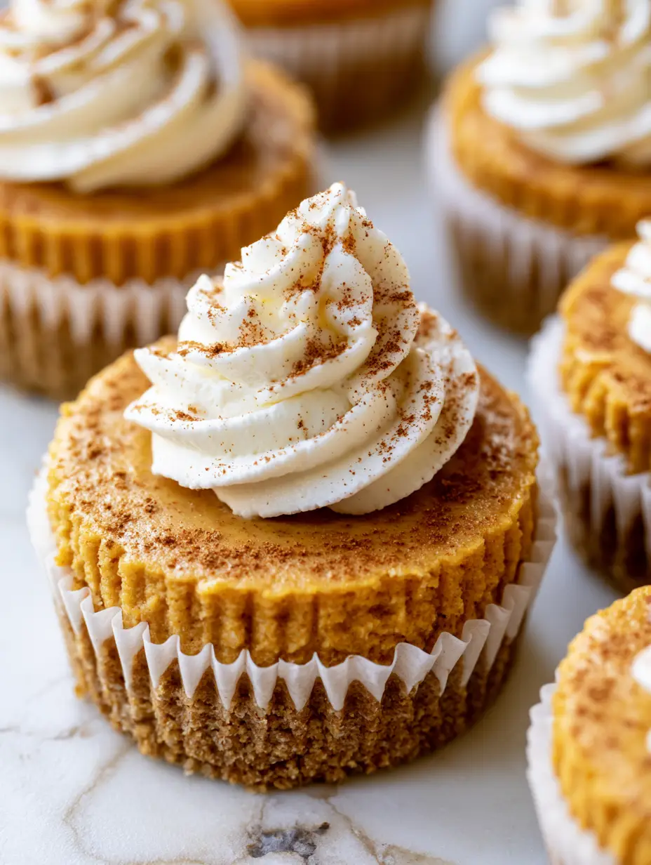 Close-up of Mini Pumpkin Cheesecake Bites showing the matte orange filling and piped whipped cream.
