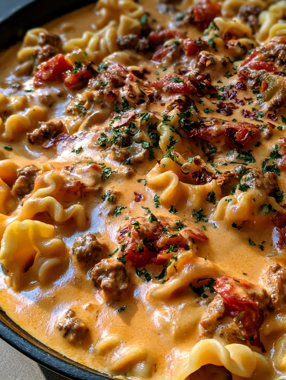 Overhead view of a skillet filled with Creamy Rotel Pasta with Ground Beef, showcasing the thick cheese sauce and ruffled pasta texture.