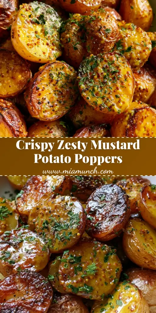 A top-down view of Mustard Potato Poppers in a white bowl, showing crispy roasted gold potatoes coated in a thick grainy mustard sauce with parsley and black pepper.