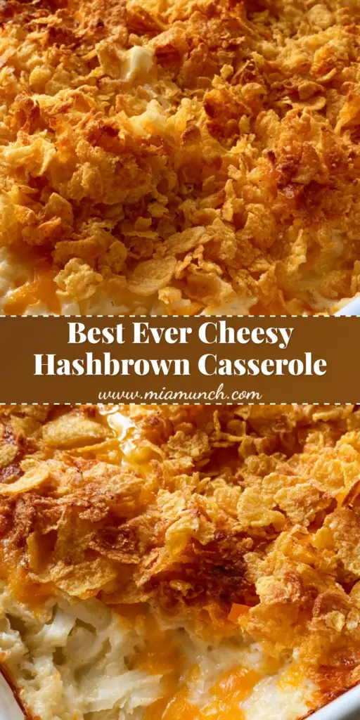 A close-up of Hash Brown Casserole showing bubbly cheese edges and a thick layer of crispy golden cornflakes in a white dish.