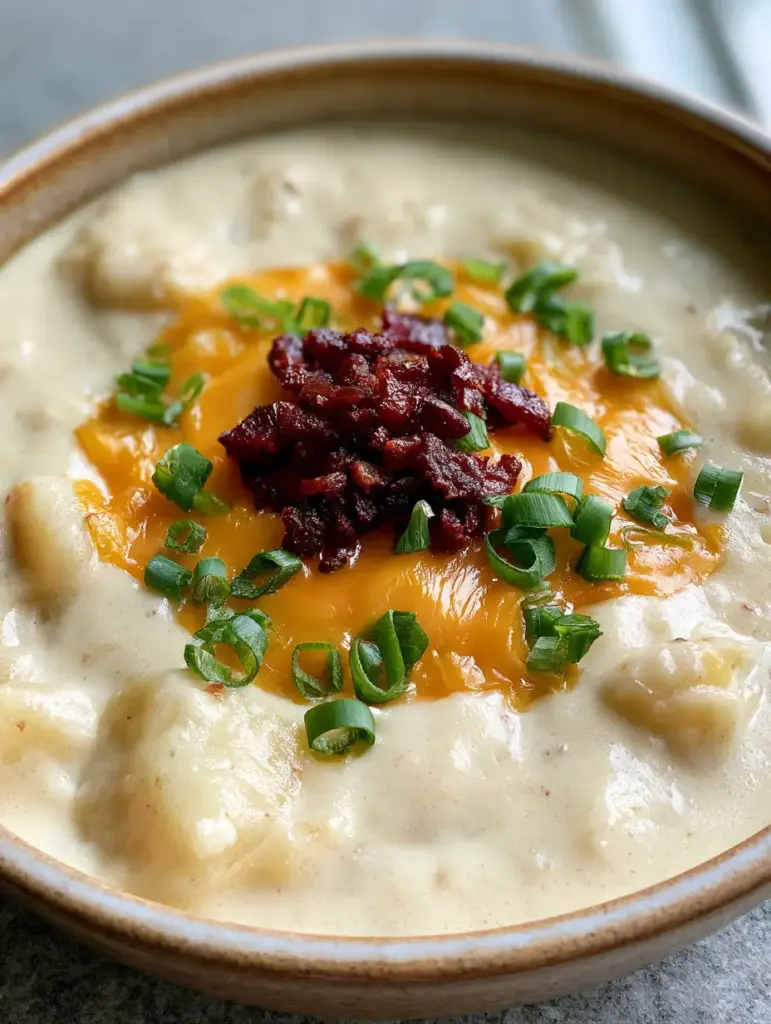 Rustic ceramic bowl of Loaded Potato Soup topped with heavy garnish of bacon bits and scallions on a grey stone surface.