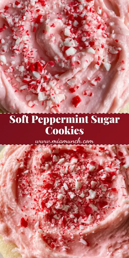 Peppermint Sugar Cookies with Thick Pink Frosting and Candy Cane Crunch 3 A close-up shot of a single thick soft-baked Peppermint Sugar Cookie with pastel pink frosting and crushed candy canes.