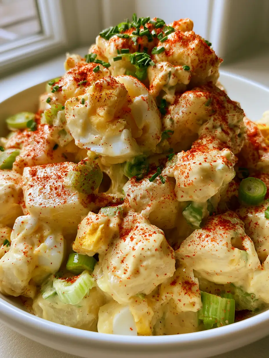 A smartphone photo of chunky Creamy Potato Salad Recipe showing hard-boiled eggs and celery in a white bowl.