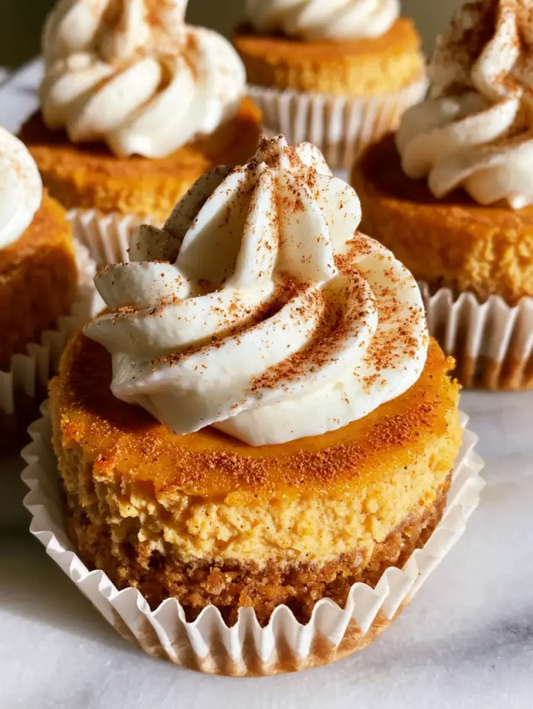 Three Mini Pumpkin Cheesecake Bites arranged on a white marble surface with soft daylight.