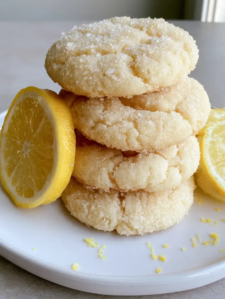 Soft Lemon Sugar Cookies: Thick, Pillowy, and Sparkling with Citrus 1 Pale cream Soft Lemon Sugar Cookies arranged on a white ceramic plate with fresh yellow lemon slices.
