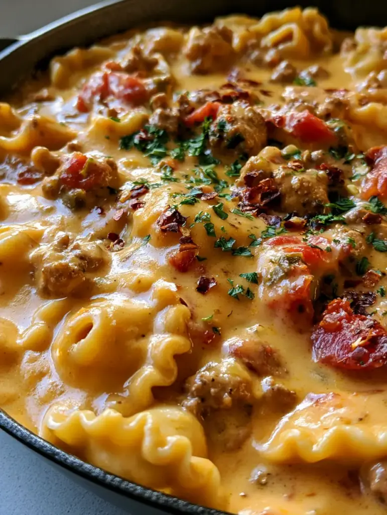 Close-up detail of browned beef crumbles and diced tomatoes in Creamy Rotel Pasta with Ground Beef.