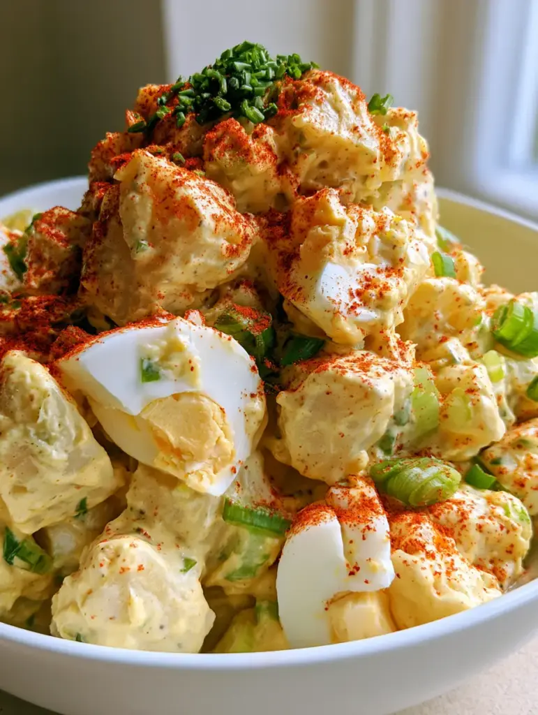 Close-up detail of the paprika dusting and fresh chives on a Creamy Potato Salad Recipe.