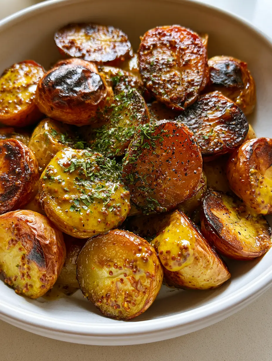 Close up of roasted halved baby gold potatoes with deep golden-brown caramelization and vibrant yellow mustard seeds. (Mustard Potato Poppers)