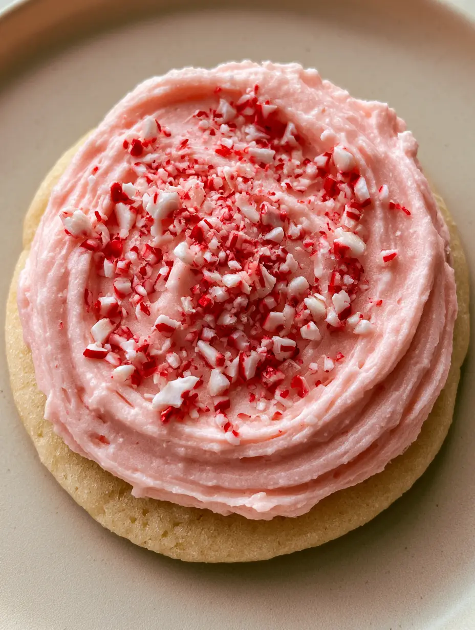 Peppermint Sugar Cookies with Thick Pink Frosting and Candy Cane Crunch 4 A close-up of a soft sugar cookie with a thick swirled layer of pink peppermint frosting. (Peppermint Sugar Cookies)