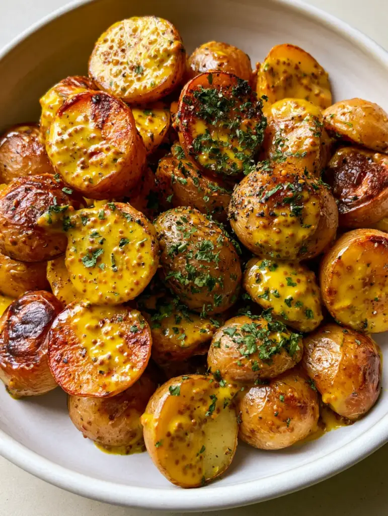 A white ceramic bowl filled with Mustard Potato Poppers, highlighting the thick mustard glaze and dried parsley flakes garnish.