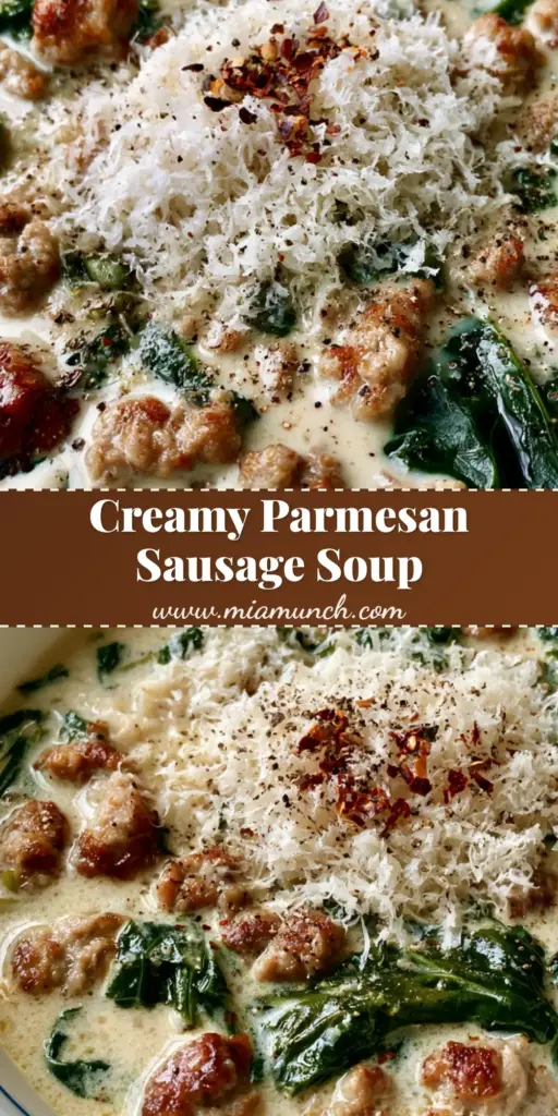 A handheld smartphone photo of Creamy Parmesan Sausage Soup in a white ceramic bowl with a blue rim, featuring browned sausage, wilted kale, and fluffy parmesan garnish.