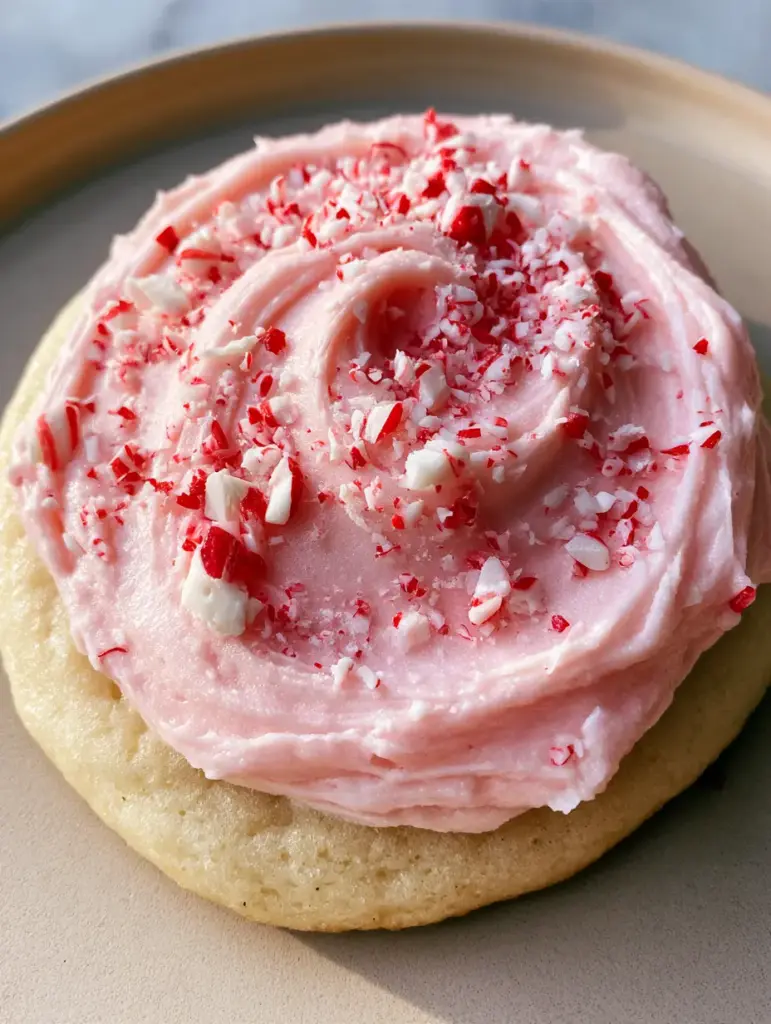 Peppermint Sugar Cookies with Thick Pink Frosting and Candy Cane Crunch 1 Macro view of crushed red and white peppermint candy canes on a pink frosted cookie. (Peppermint Sugar Cookies)