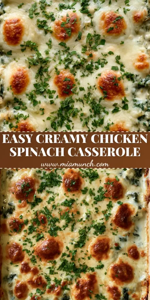 Chicken and Spinach Casserole with a Bubbly Parmesan Crust 4 A top-down view of a bubbling Chicken and Spinach Casserole in a white ceramic dish featuring melted mozzarella, toasted parmesan spots, and fresh parsley garnish.