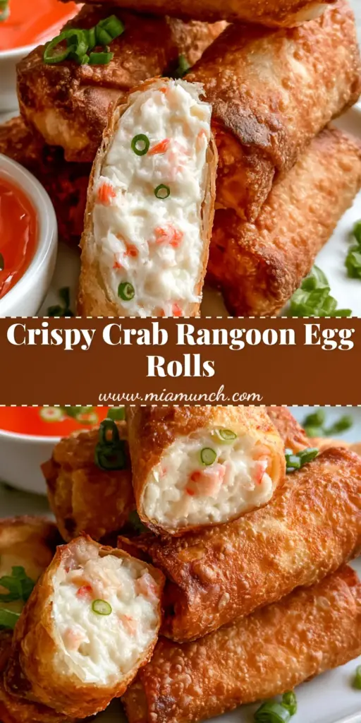 A tall stack of crispy Crab Rangoon Egg Rolls on a white ceramic plate, showing one cut in half to reveal a creamy white filling with pink crab meat and green onions.