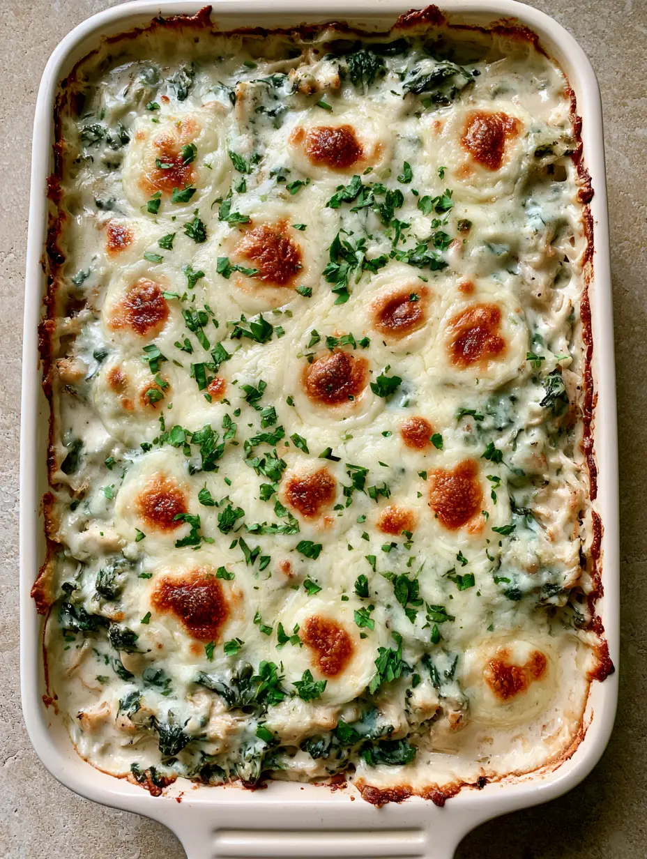 Chicken and Spinach Casserole with a Bubbly Parmesan Crust 3 Close up of shredded chicken and spinach bound in a velvety white sauce under a layer of melted mozzarella. (Chicken and Spinach Casserole)