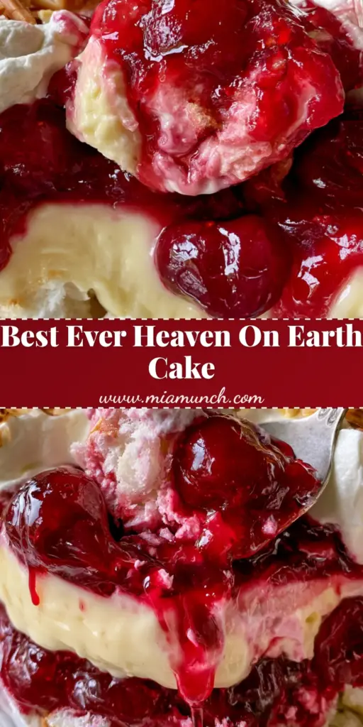 A close-up vertical shot of Heaven On Earth Cake in a glass dish showing layers of angel food cake, vanilla pudding, cherries, and whipped cream.
