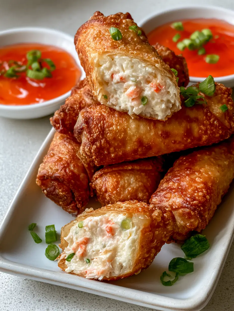 Close up of dark golden brown fried egg rolls with bubbly wrappers and a small bowl of bright red sweet and sour sauce.