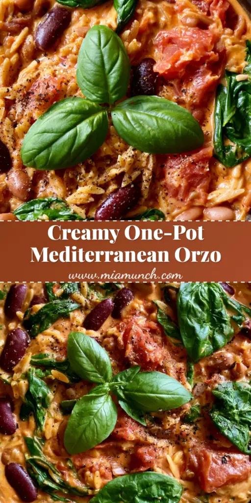 A top-down photo of a black ceramic skillet filled with Mediterranean Orzo and Beans in a creamy orange sauce with spinach and basil.
