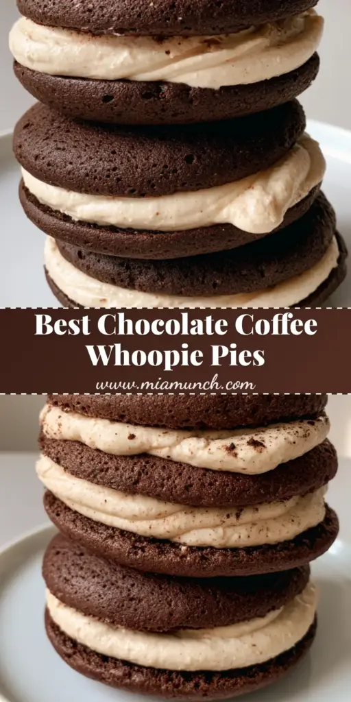 A stack of three Chocolate Coffee Whoopie Pies on a white ceramic plate, showing the off-white espresso cream filling and dark cocoa dusting.
