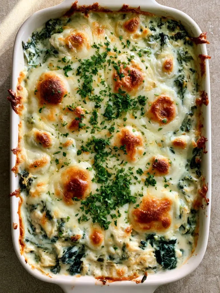 Chicken and Spinach Casserole with a Bubbly Parmesan Crust 1 A full view of the Chicken and Spinach Casserole showing the charred, crispy edges and toasted cheese topping.
