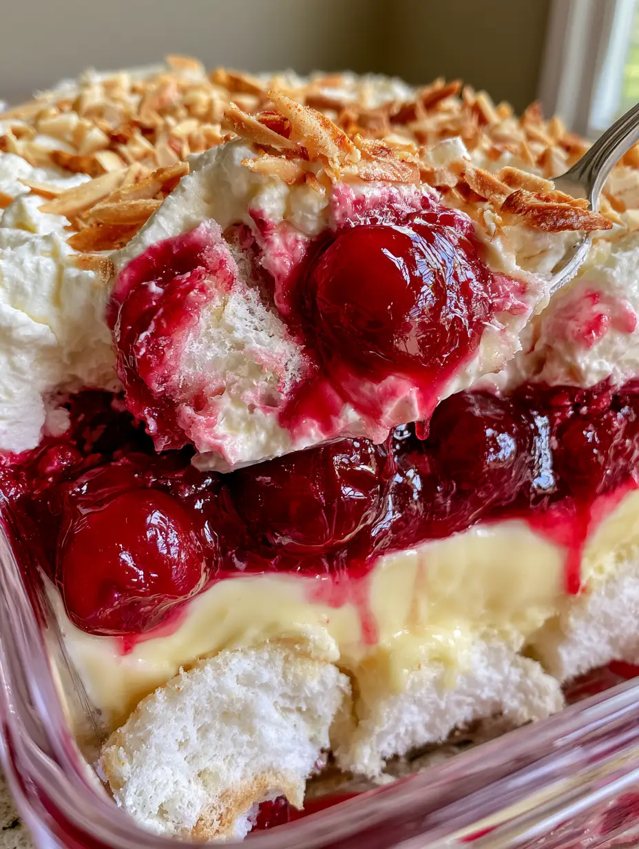 A smartphone photo of a spoon lifting a bite of Heaven On Earth Cake showing the moist cake and cherry syrup.