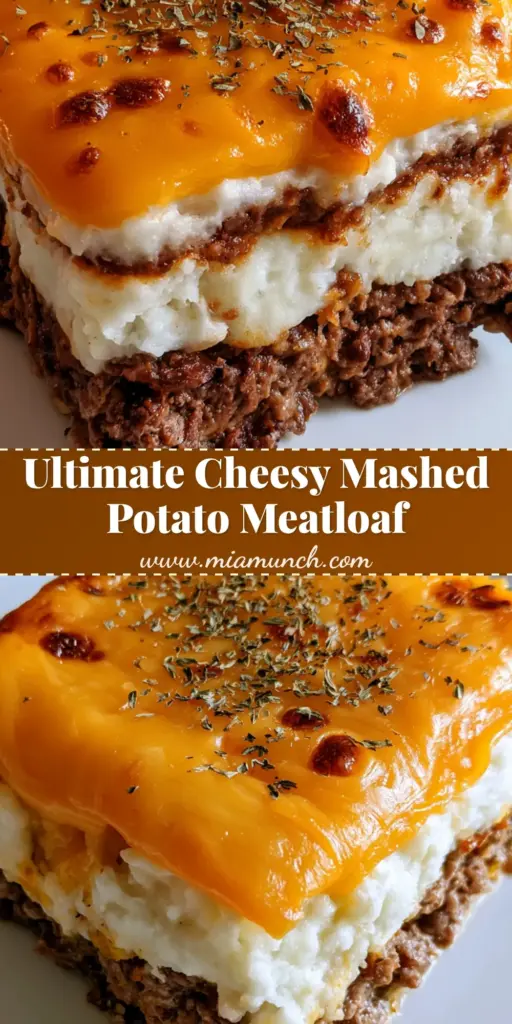 Cheesy Mashed Potato Meatloaf: The Ultimate Comfort Food Casserole 4 A thick square slice of Cheesy Mashed Potato Meatloaf with layered beef, creamy potatoes, and melted bubbly cheddar cheese on a white plate.
