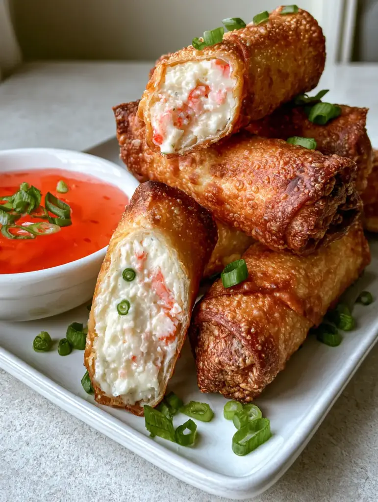 A stack of Crab Rangoon Egg Rolls piled on a white rectangular plate with fresh green onion garnish and a side of red dipping sauce.