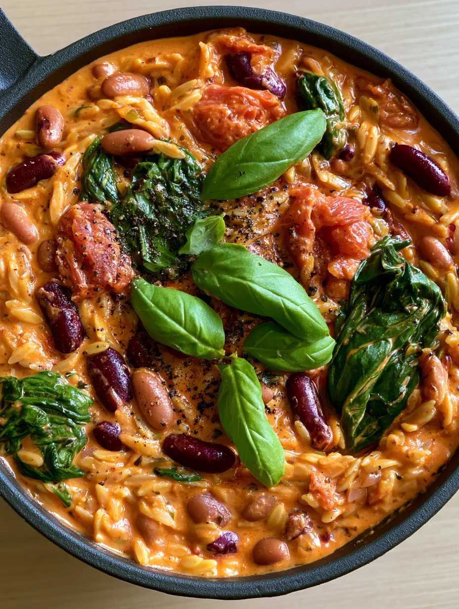 Creamy Mediterranean Orzo and Beans featuring kidney beans, pinto beans, and fresh spinach in a dark skillet.