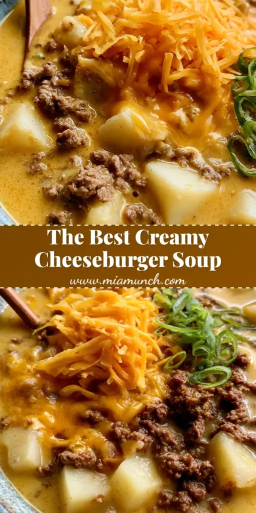 Cheeseburger Soup: The Ultimate Creamy Comfort Food in a Bowl 3 A close-up vertical shot of Cheeseburger Soup in a blue-grey bowl, topped with melting orange cheddar and green scallions, perfect for Pinterest.