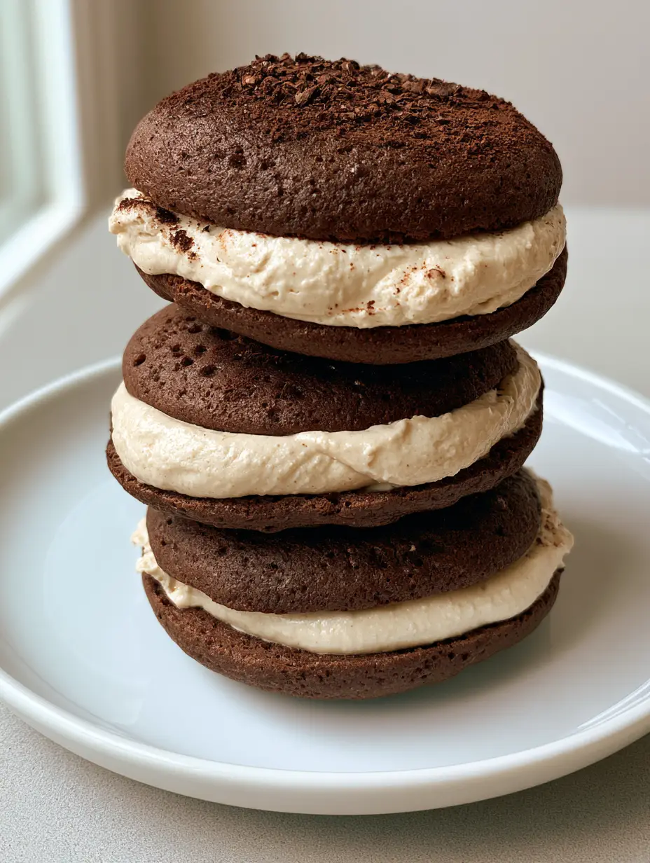 Close up of Chocolate Coffee Whoopie Pies with matte, porous cake texture and piped espresso filling.