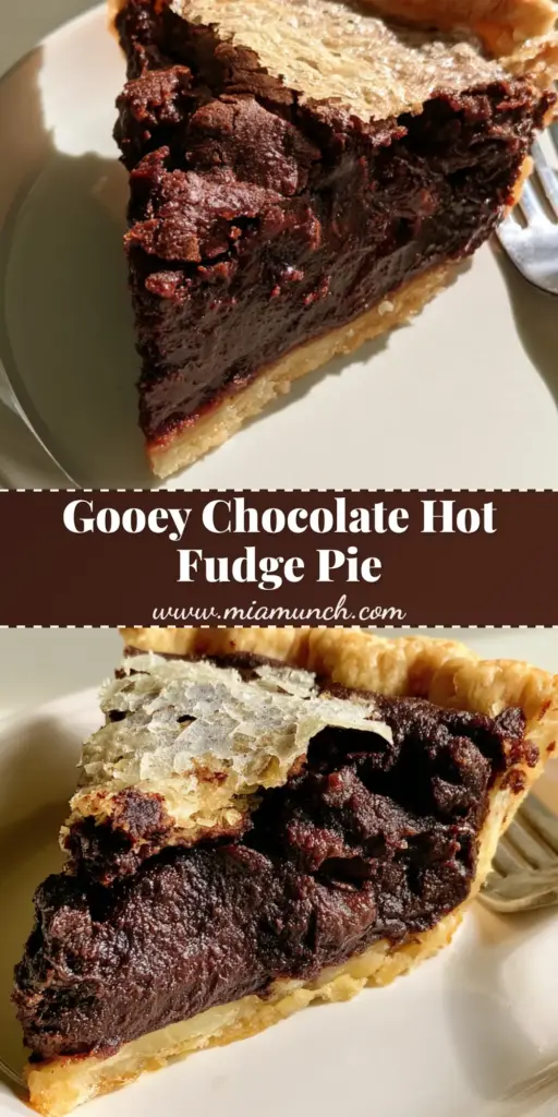 A close-up of a slice of Hot Fudge Pie on a white plate showing the crackled top and dense filling.