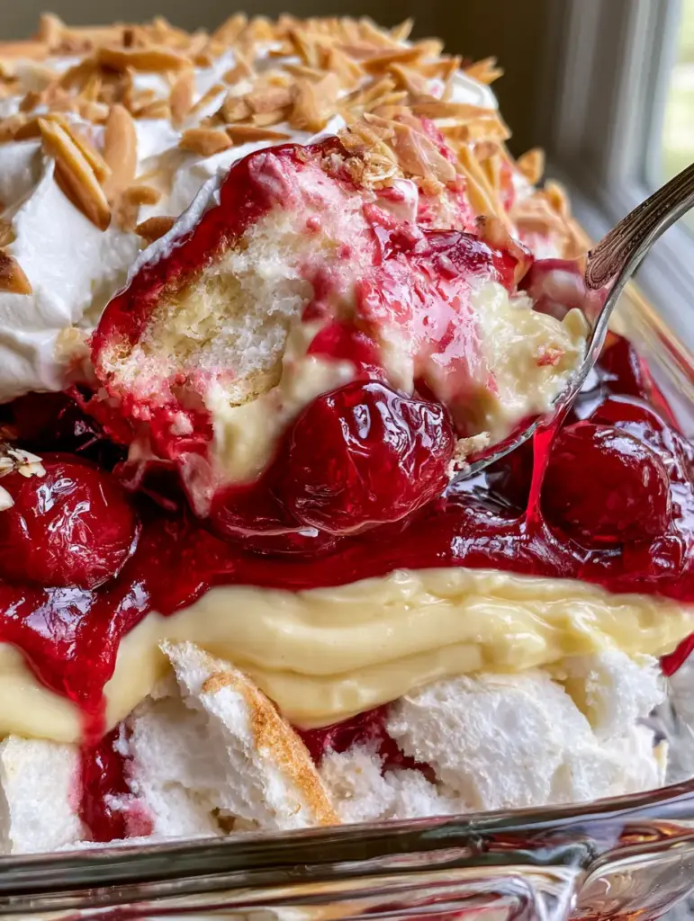 Side view of Heaven On Earth Cake in a clear dish with visible layers of cake, pudding, and cherries.